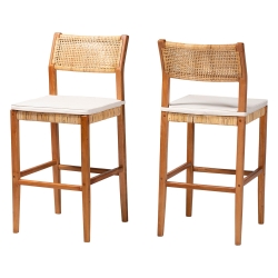 bali & pari Chatura Natural Rattan and Mahogany Wood 2-Piece Bar Stool Set - Handwoven Wicker Stool with Angled Back, Coastal Boho Seating for Lounge, Bar Height